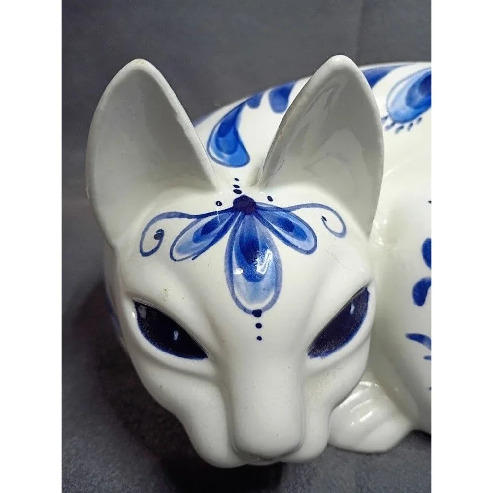Vintage Cobalt Blue & White Flowers Laying On side Hand-Painted Cat By Alice